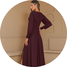 15 vestido longo com mangas longas detalhe renda vinho