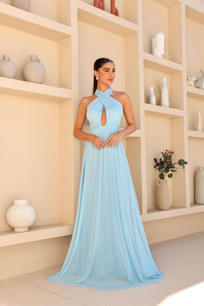 Vestido Longo Tule Cruzado Azul Claro