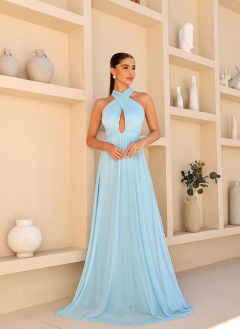 Vestido Longo Tule Cruzado Azul Claro DOT