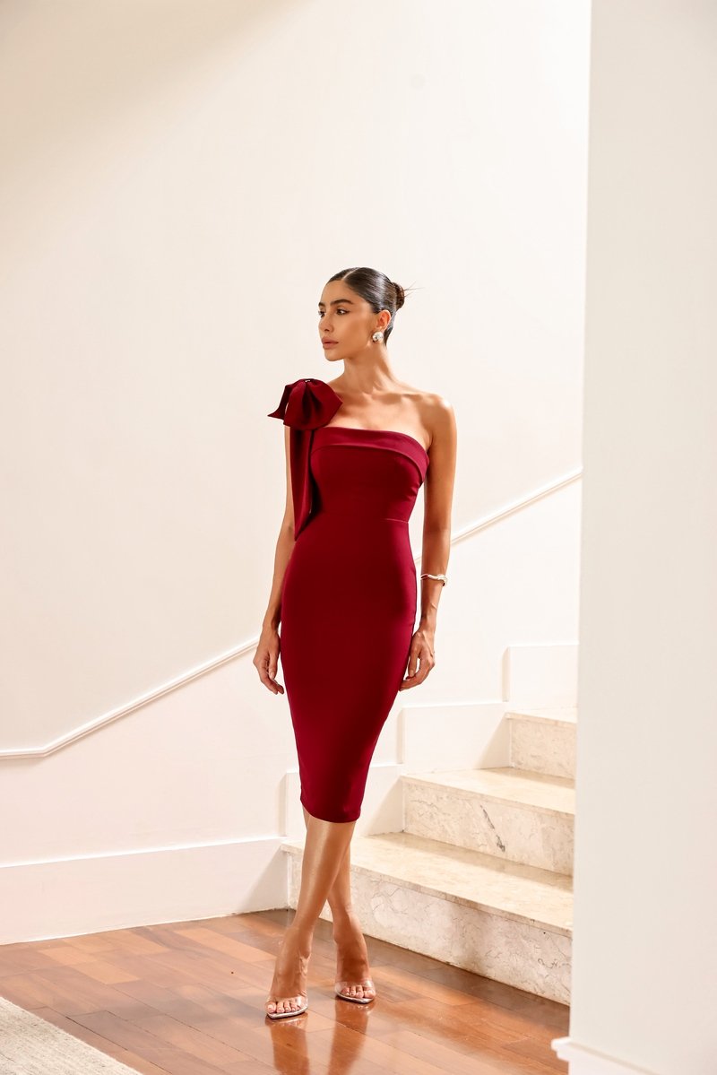 Vestido Midi Alça Laço Vinho DOT