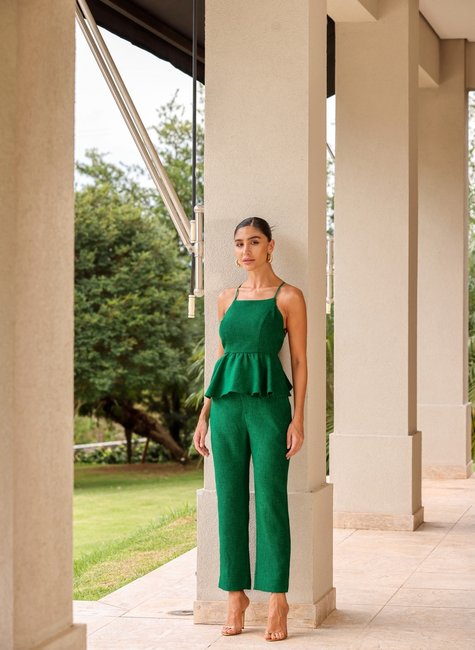 Jeans Estilo Peplum Conjunto Blusa Peplum E Calça Verde DOT