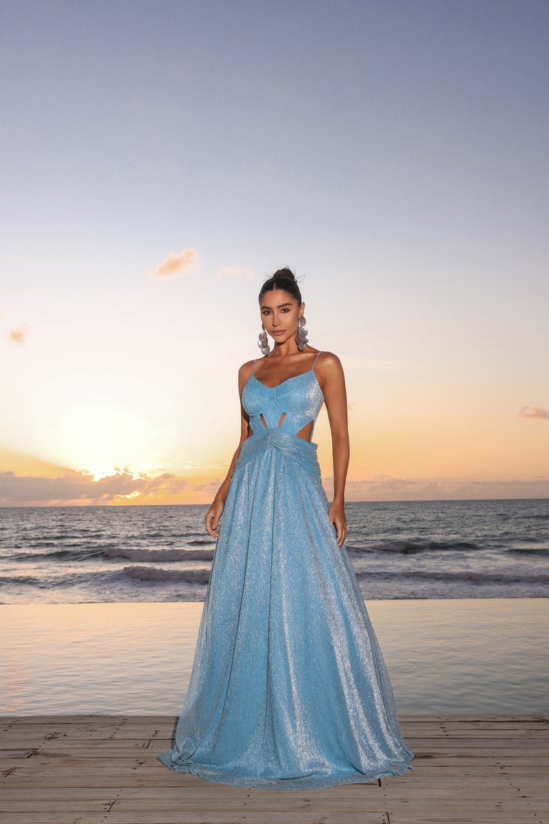 Vestido Longo Fio Lurex Alça Fina Azul Serenity DOT