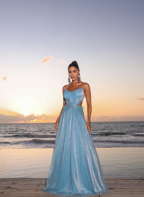 Vestido Longo Fio Lurex Alça Fina Azul Serenity DOT