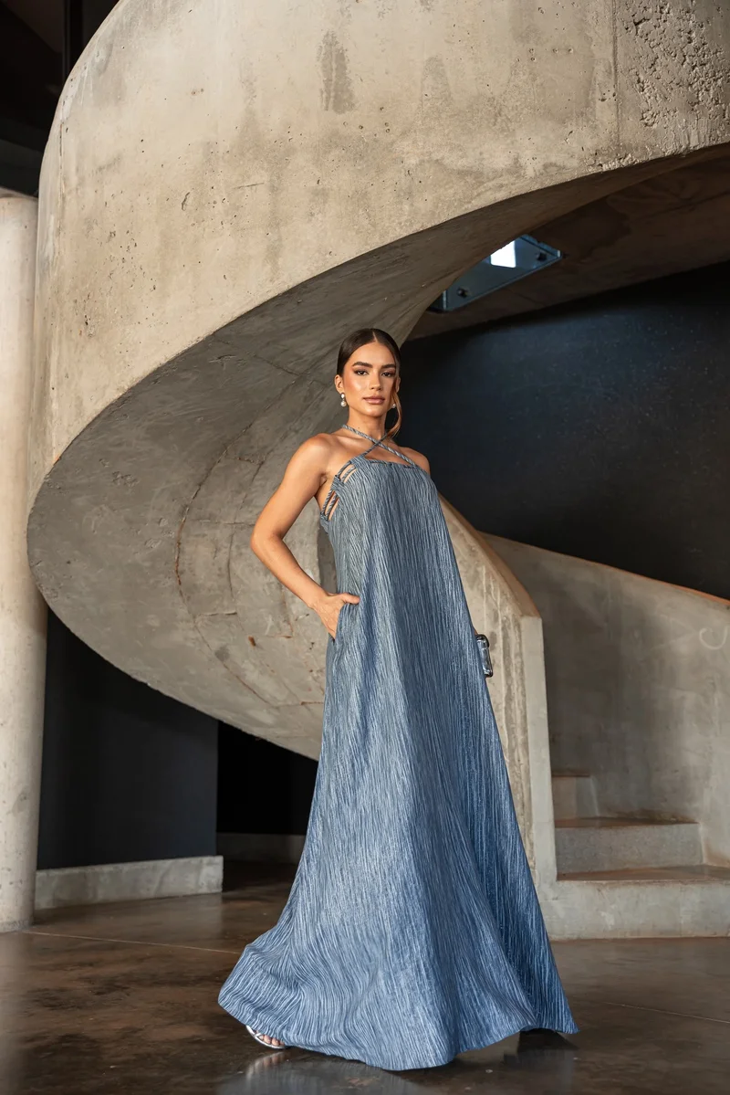 Vestido Frente Única Alça Cordão Azul DOT