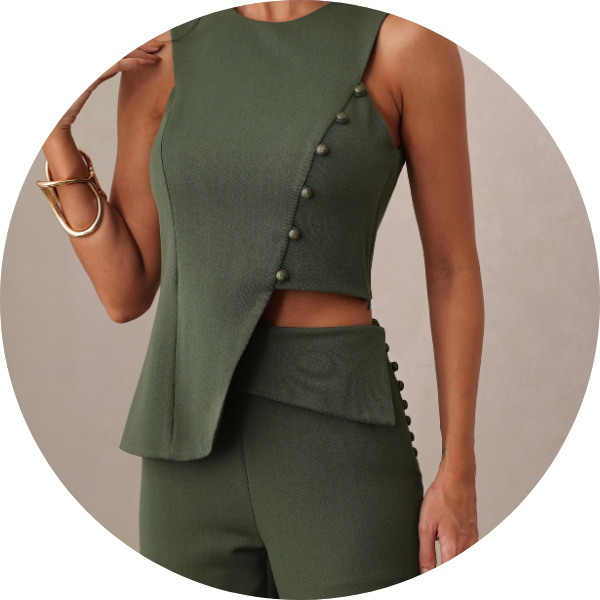 09 conjunto alfaiataria detalhe botao verde militar