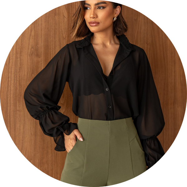 Camisa Chiffon Detalhe Elástico Preto - DOT
