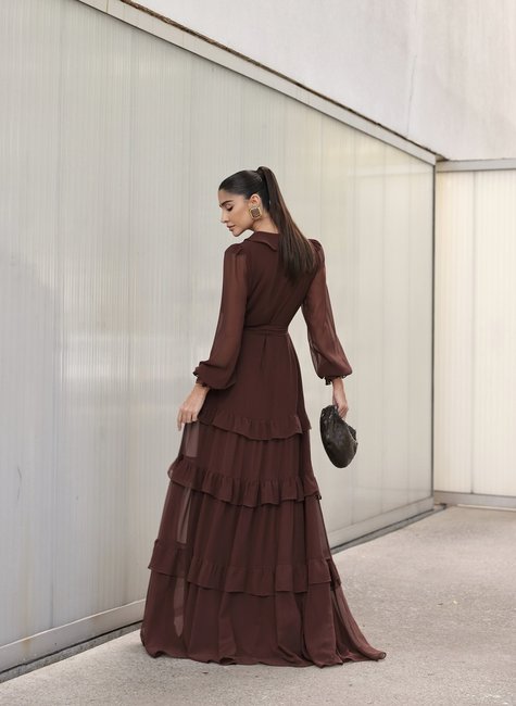 Vestido Longo Babados Marrom DOT