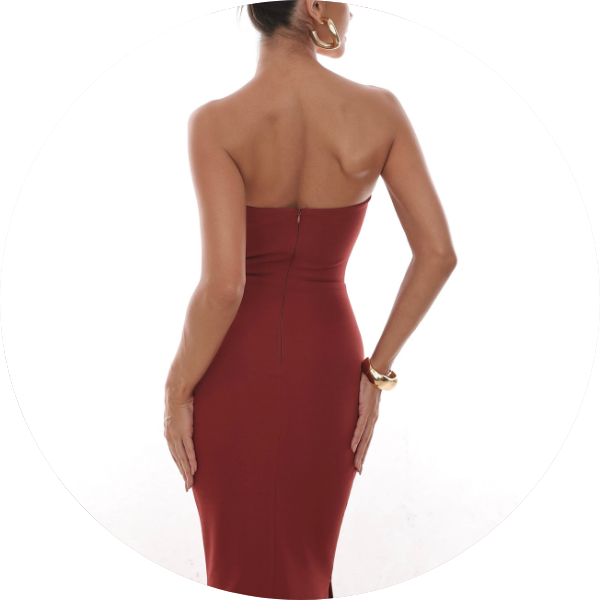 02 vestido midi sem alca decote coracao marrom