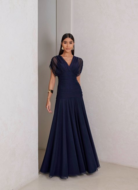 Vestido Tule Ombro A Ombro Azul Marinho DOT