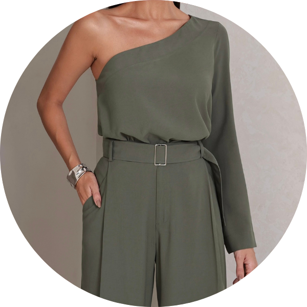 02 conjunto pantalona blusa um ombro verde militar