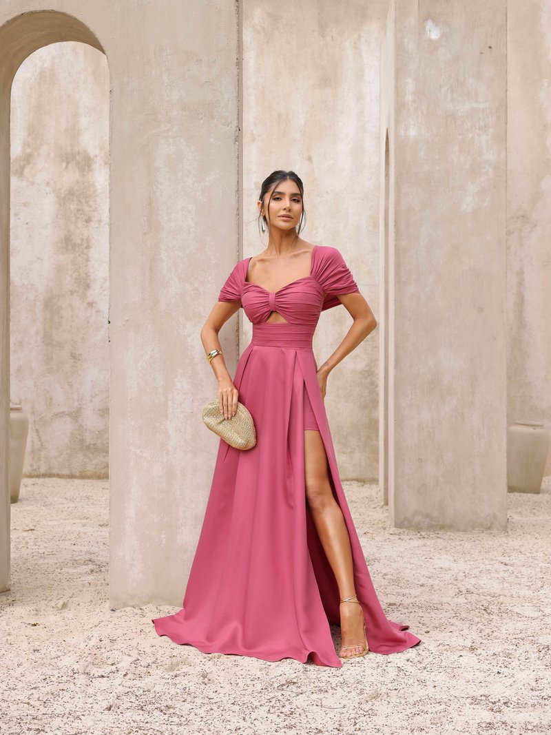 Vestido Festa Cintura Pregas Rosa Seco DOT