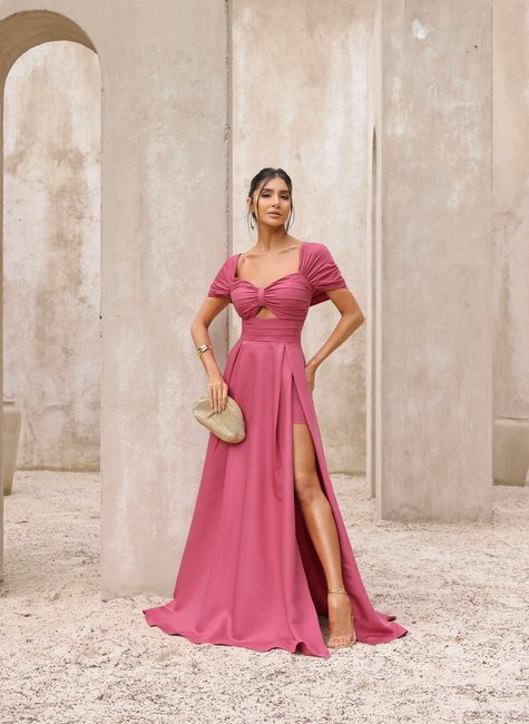 Vestido Festa Cintura Pregas Rosa Seco DOT