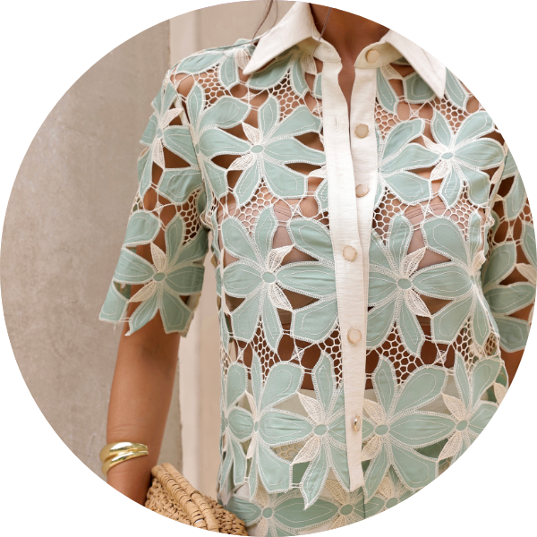 01 conjunto calca e blusa guipure verde menta