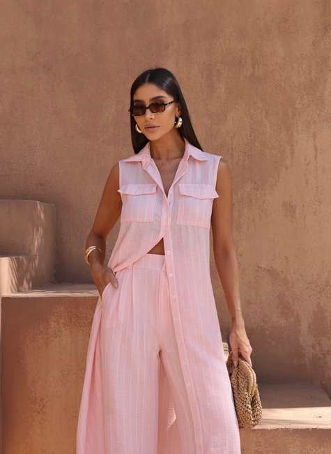 Conjunto Chemise Com Calça Listrado Rosa Claro DOT