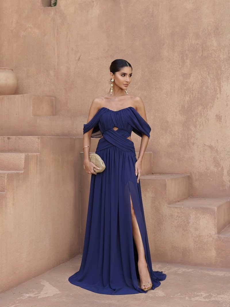 Vestido Longo Drapeado Azul Marinho DOT