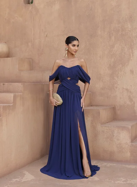 Vestido Longo Drapeado Azul Marinho DOT