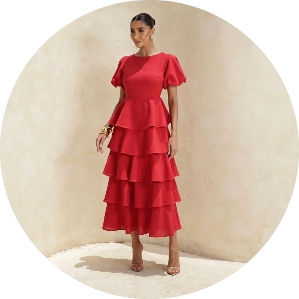 01 vestido camadas manga bufante vermelho