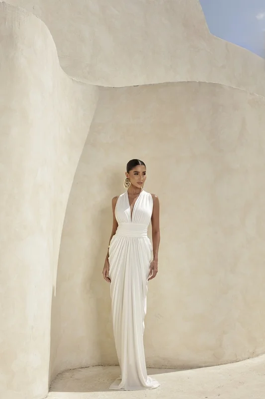 Vestido Jersey Drapeado Costas Arco Branco - DOT
