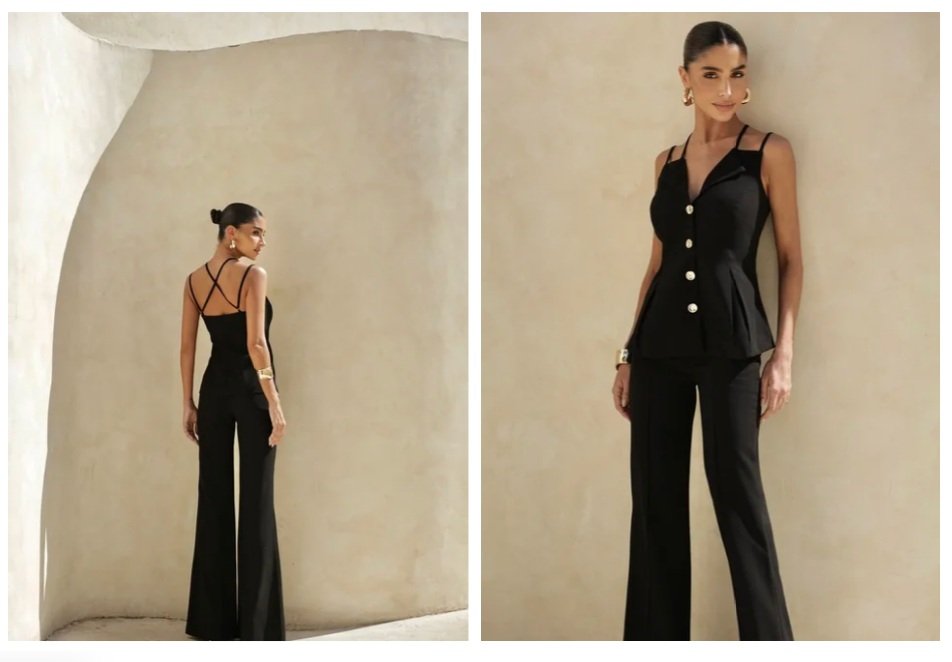 Look preto elegante com recortes e bot&otilde;es, seguindo tend&ecirc;ncias em alfaiataria moderna para ocasi&otilde;es formais, com acess&oacute;rios marcantes e estilo sofist