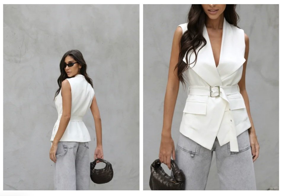 Modelo exibe look minimalista com colete branco e jeans cinza, seguindo tend&ecirc;ncias em alfaiataria moderna, acess&oacute;rios neutros e estilo urbano sofistic