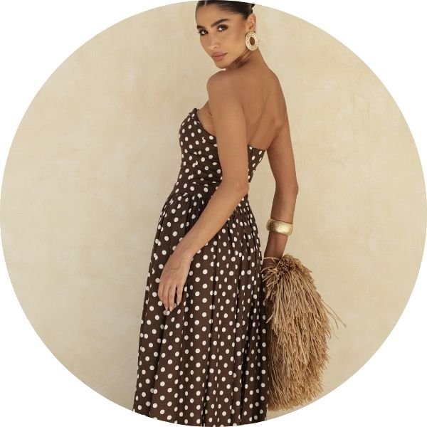 02 vestido longo poa tomara que caia marrom