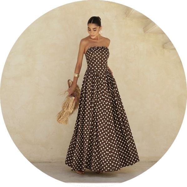 03 vestido longo poa tomara que caia marrom