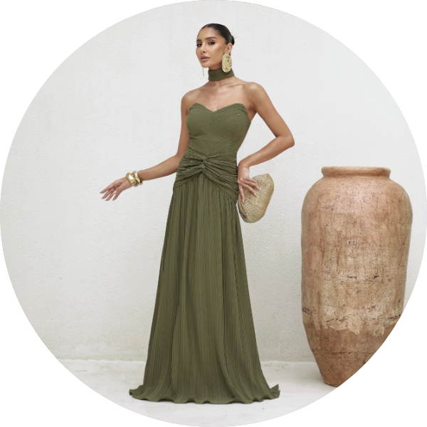 05 vestido plissado com choker verde militar