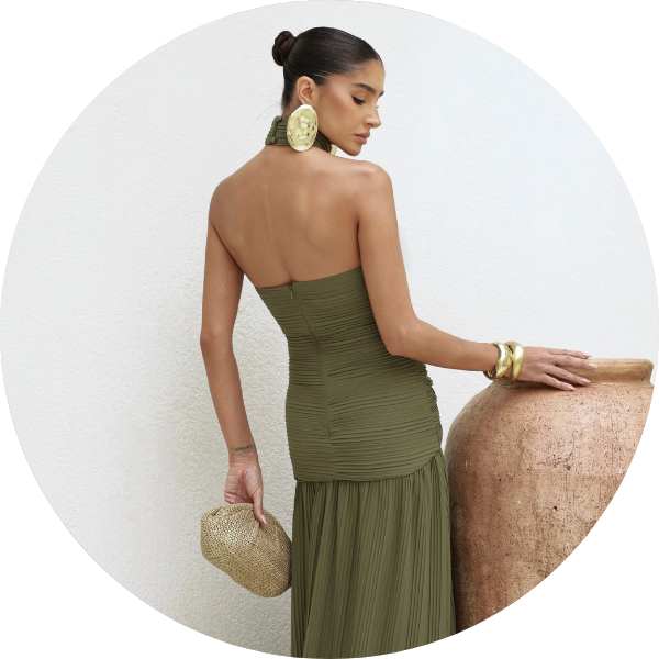 07 vestido plissado com choker verde militar