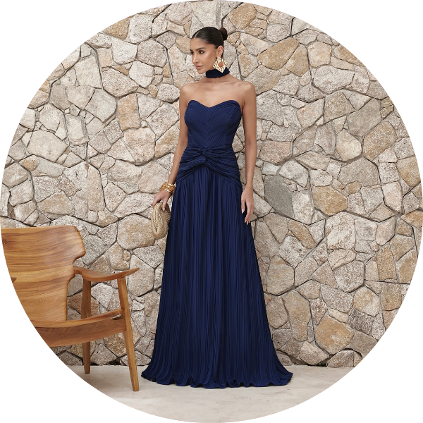 01 vestido plissado com choker azul marinho