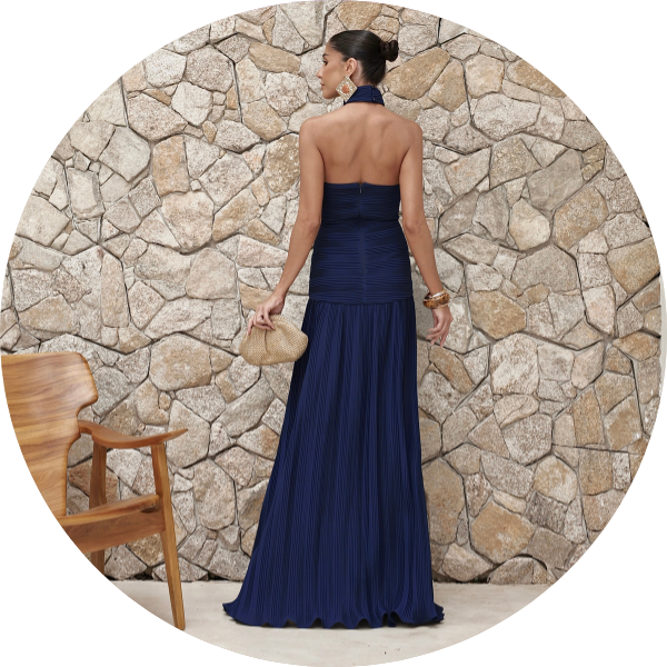 02 vestido plissado com choker azul marinho