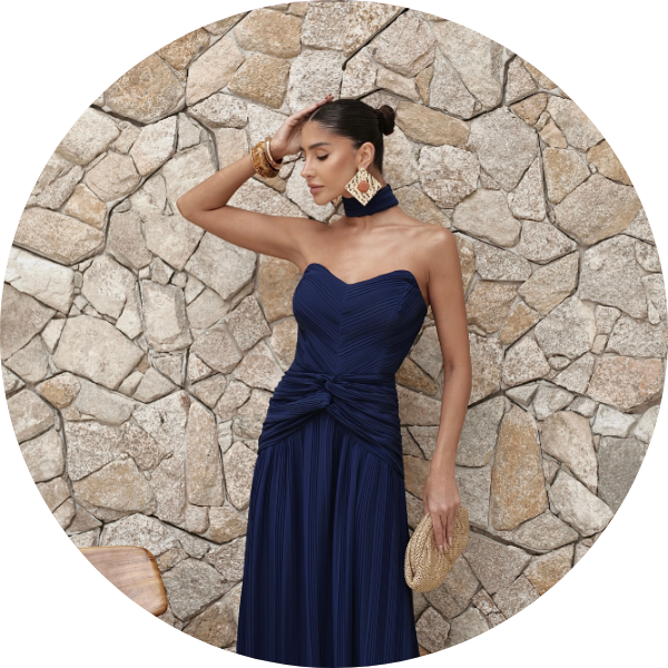 03 vestido plissado com choker azul marinho