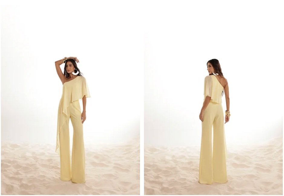 Modelo exibe conjunto amarelo claro de um ombro s&oacute; em cen&aacute;rio minimalista. Inspira&ccedil;&atilde;o moderna e elegante de look para ch&aacute; revela&ccedil;&atilde;o com toque sofistic