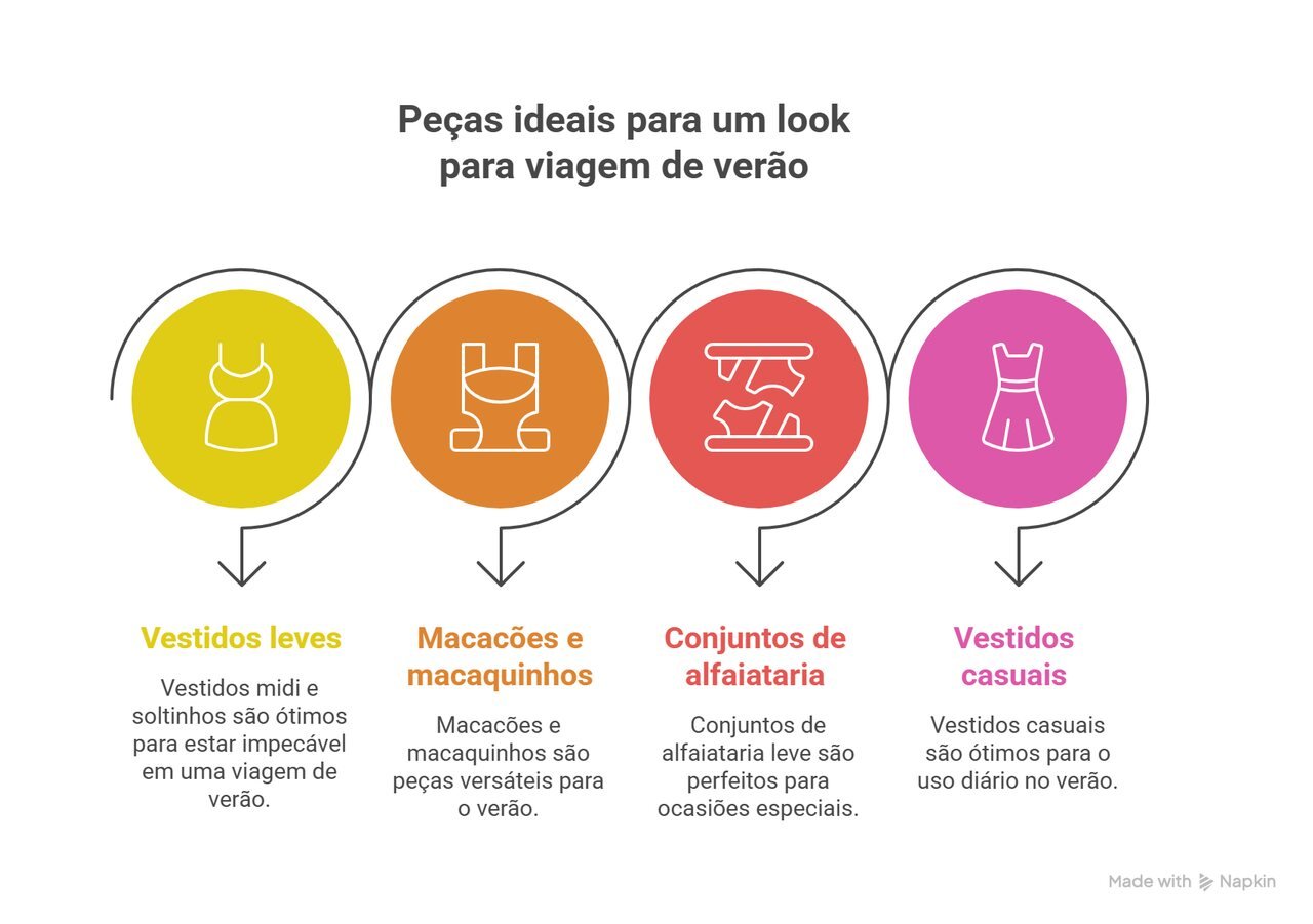 Infogr&aacute;fico apresenta pe&ccedil;as ideais, vestidos leves, macac&otilde;es, conjuntos de alfaiataria e vestidos casuais, para montar look
