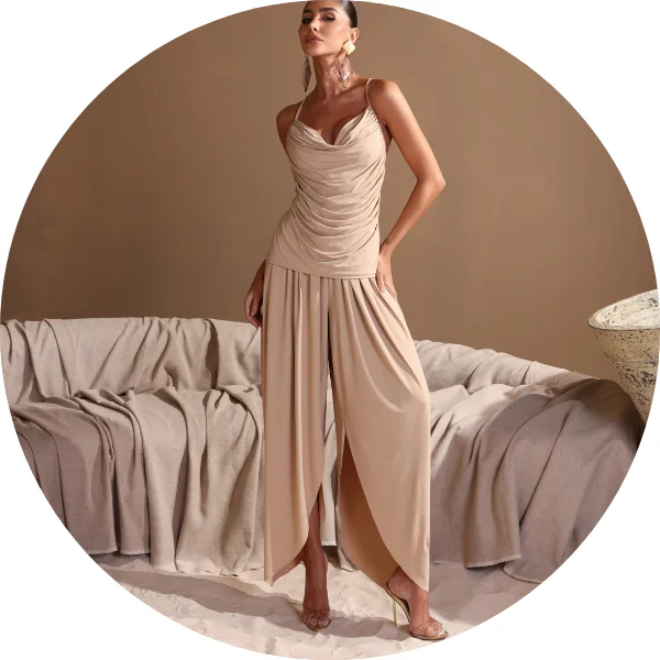 03 conjunto blusa e calca franzida areia