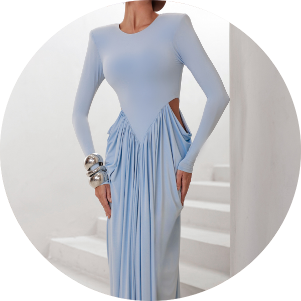 01 vestido manga longa saia lateral drapeada azul serenity