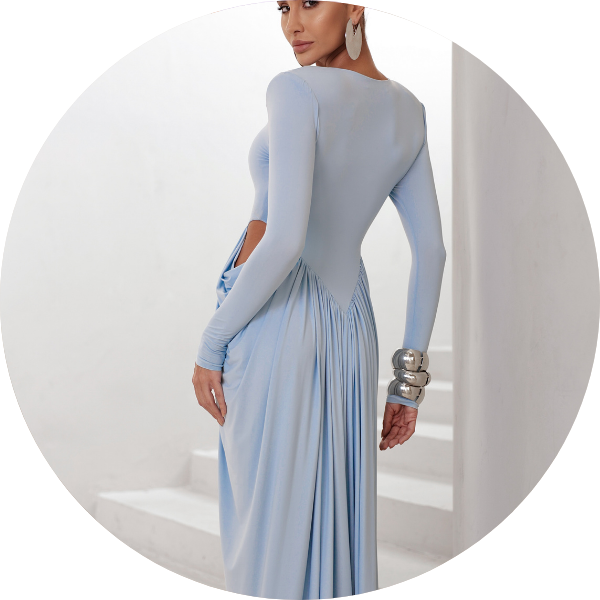 02 vestido manga longa saia lateral drapeada azul serenity