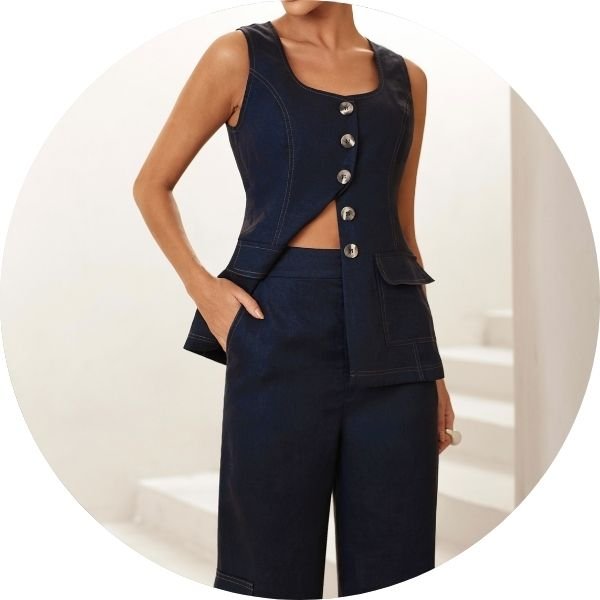 01 conjunto colete e calca cargo pespontado azul marinho