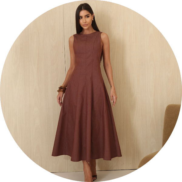 01 vestido evase pesponto marrom