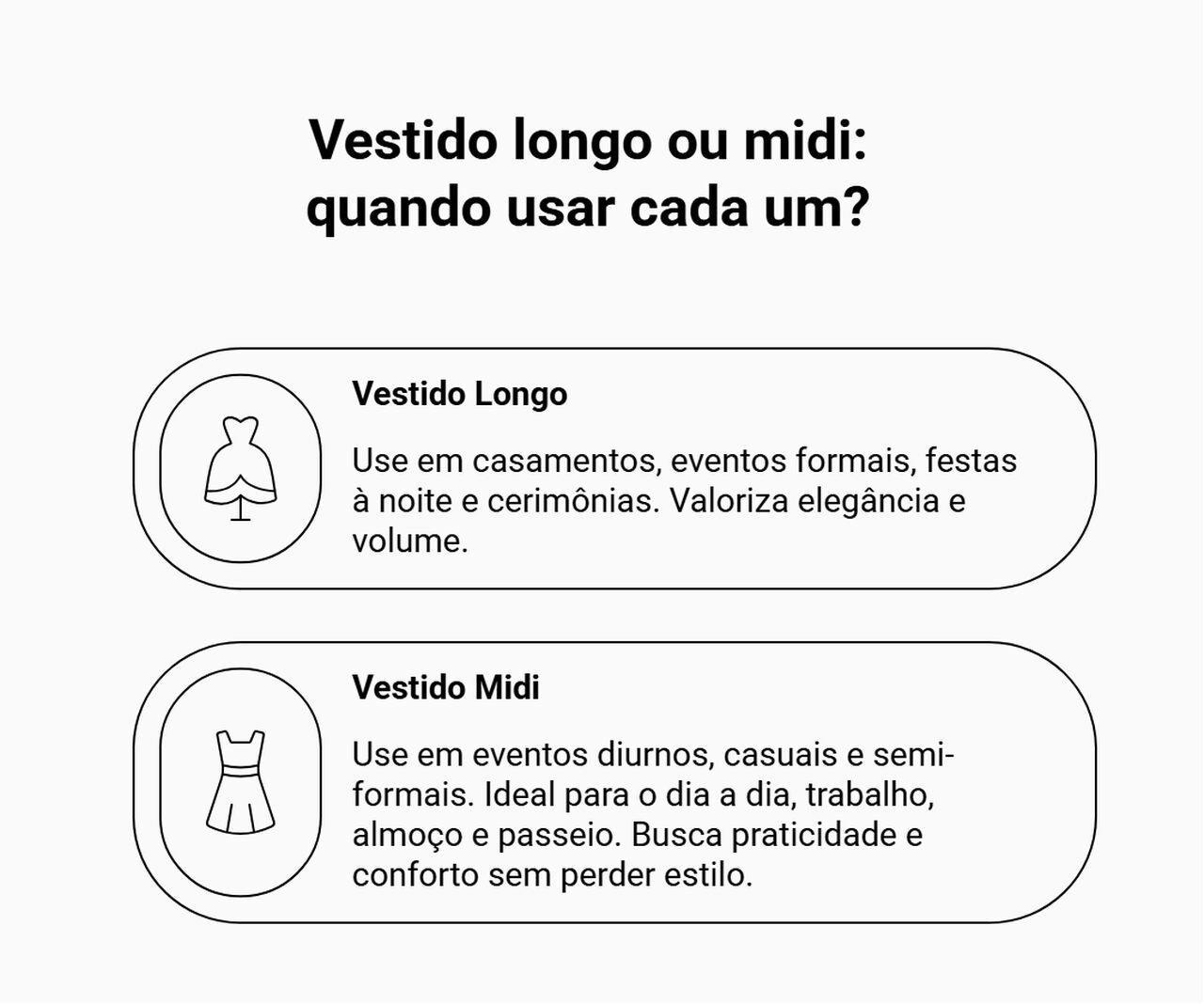 Vestido longo ou midi: infográfico explicando quando usar cada comprimento, com dicas de ocasiões formais, eventos noturnos, uso casual e looks para o