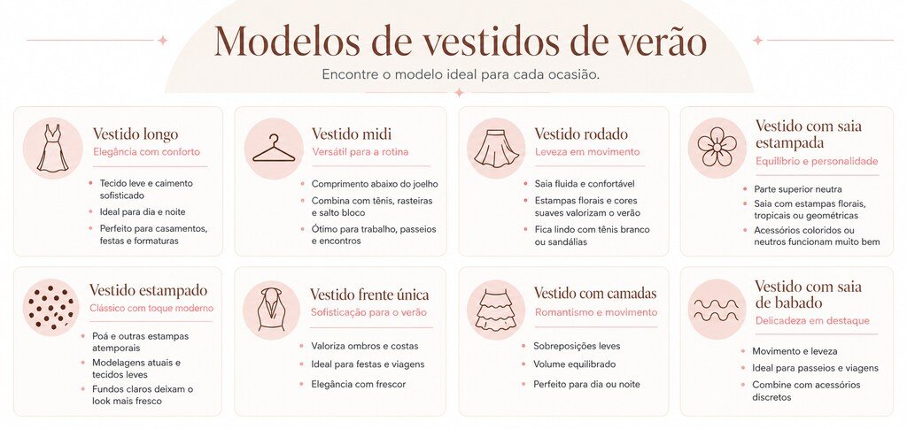 Infogr&aacute;fico com &iacute;cones e descri&ccedil;&otilde;es de diferentes modelos de vestidos de ver&atilde;o, em tons suaves, ideal para escolher o look certo.