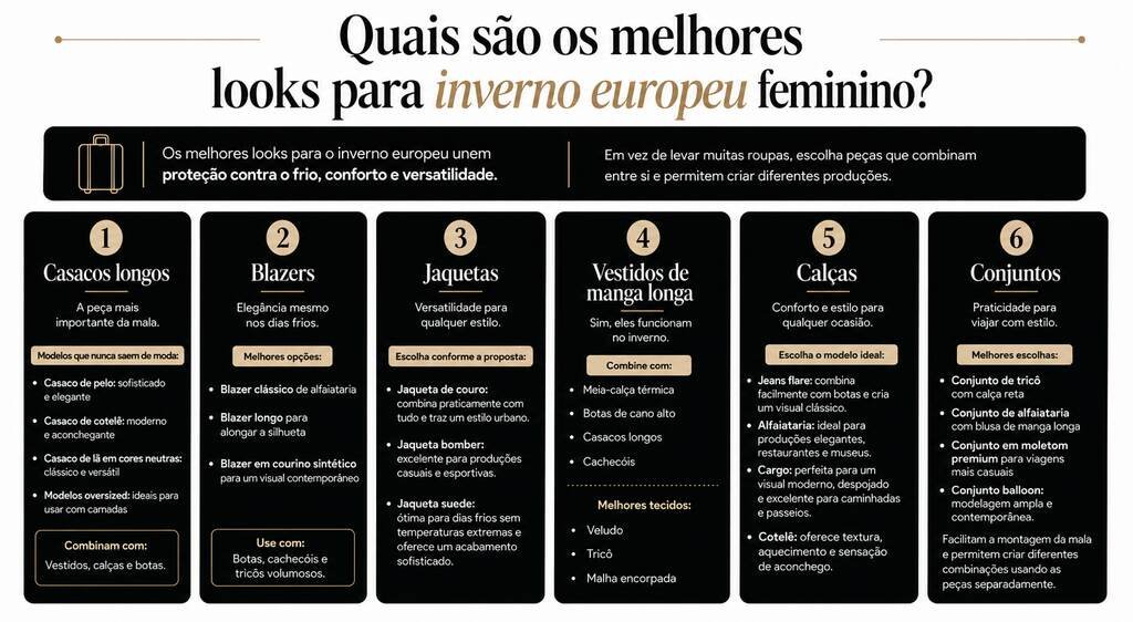 Guia visual com dicas de casacos, blazers e jaquetas, destacando looks para inverno europeu femininos versáteis e elegantes.