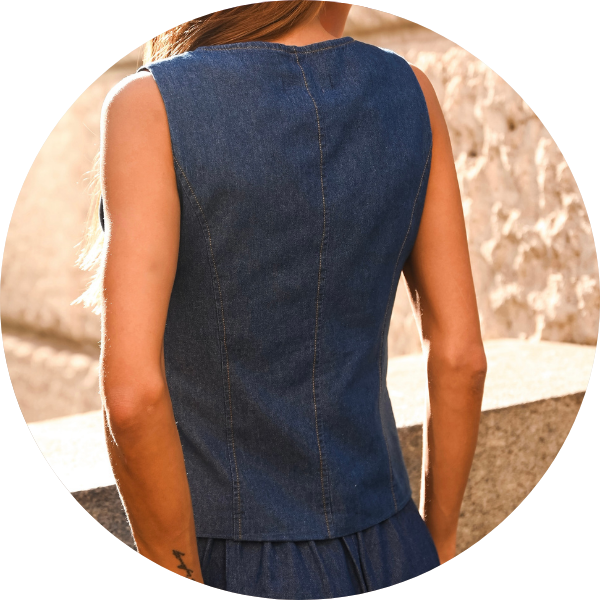 10 conjunto colete com calca barrel jeans escuro